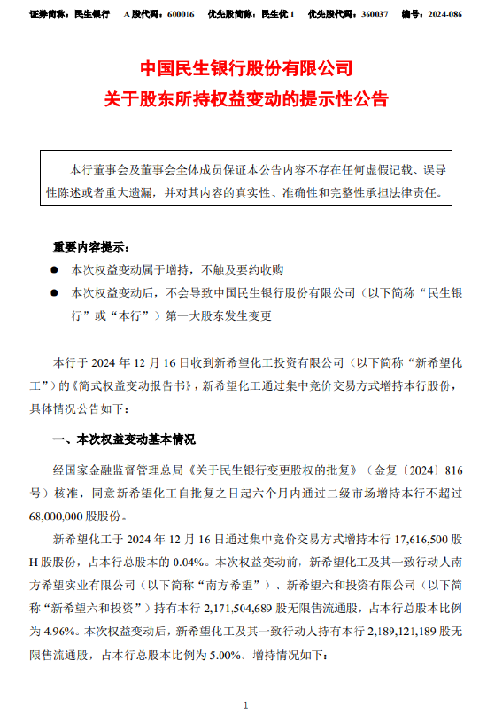 民生银行：获新希望化工增持H股1761.65万股 与其一致行动人合计持股增至5%